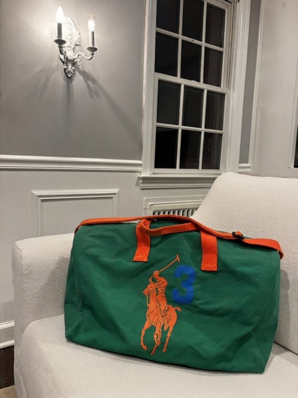 Polo by Ralph Lauren Green Canvas Duffel with Orange Trim and Blue Accent